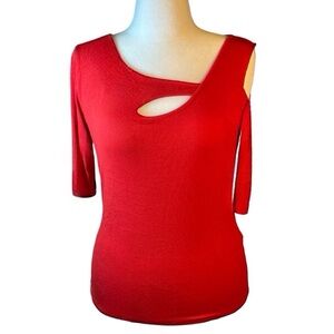 Goldray Asymmetric Cold Shoulder Teardrop Cutout Top Red Ribbed Knit XL 136